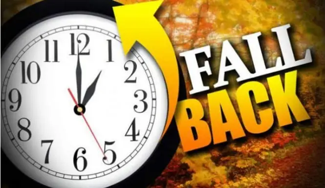 Clock showing 11 o'clock with yellow arrow and autumn leaves beside "Fall Back" text