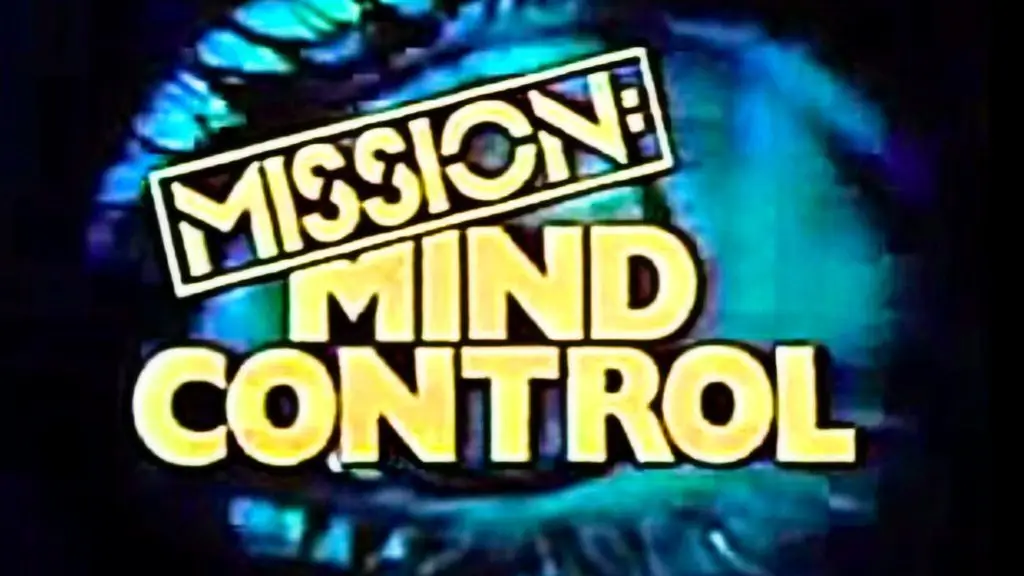 Yellow text reading 'Mission: Mind Control' with a stamp effect over a blue and cyan digital background