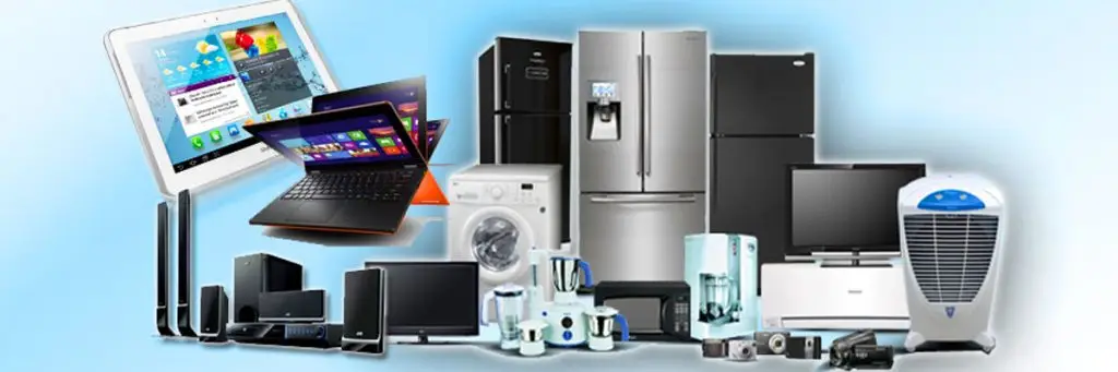 Collection of household electronics and appliances including computers, refrigerators, washing machine, and kitchen gadgets arranged against a blue background