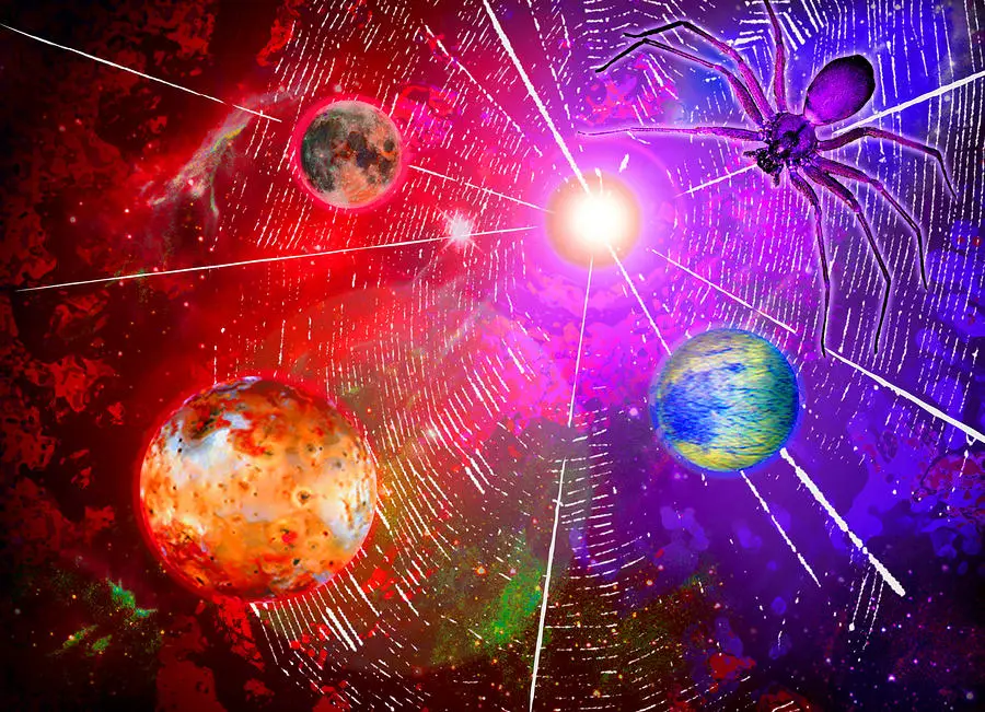Surreal cosmic scene with planets, moons, a glowing star, and spiders connected by geometric web patterns against vibrant red, purple, and blue backgrounds.