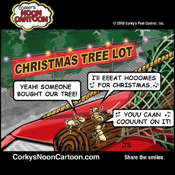 Cartoon character driving red truck loaded with Christmas tree at lot, with speech bubbles about termites and eggnog