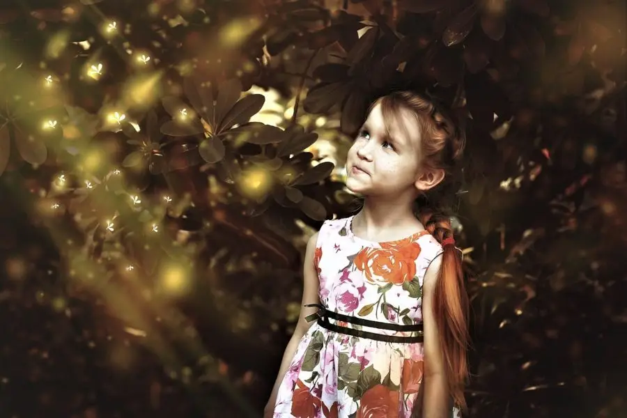 Young girl in floral dress gazing upward surrounded by glowing fireflies and foliage