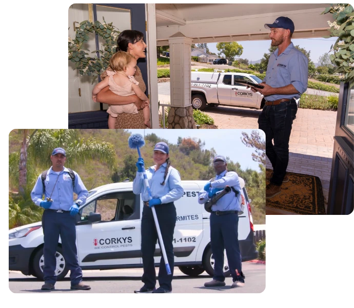 Corky's Pest Control employees and customers demonstrate the company's service process at residential locations