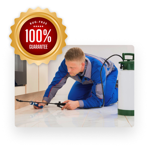 Technician in blue uniform measuring wooden floor with measuring tape next to 100% guarantee seal