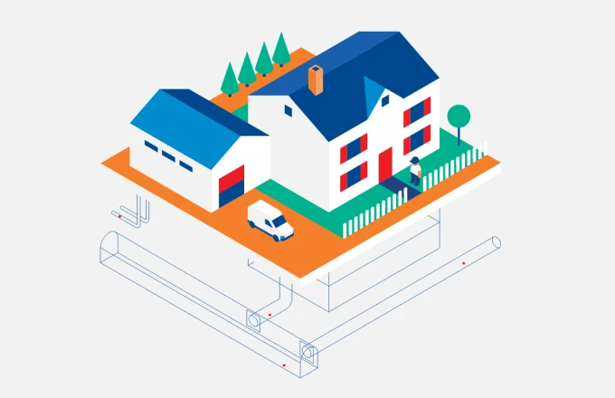 Isometric illustration of a residential house with blue roof, white walls, orange accents, and surrounding landscape elements on a foundation blueprint