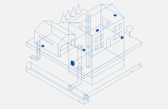 Isometric technical diagram showing smart building installation and connectivity with blue connection points on a light background