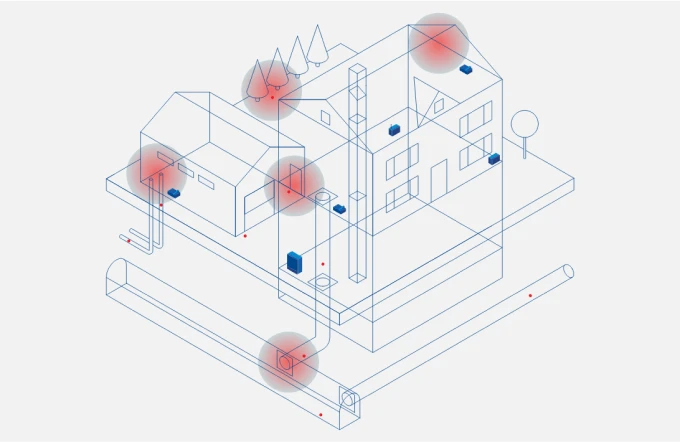 Isometric diagram showing building infrastructure with red virus particles and blue connection points representing contamination or disease spread control.