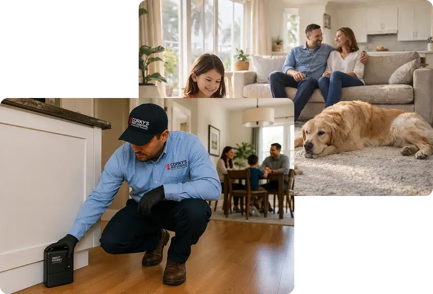 Pest control technician inspecting home baseboards while family relaxes in background with golden retriever