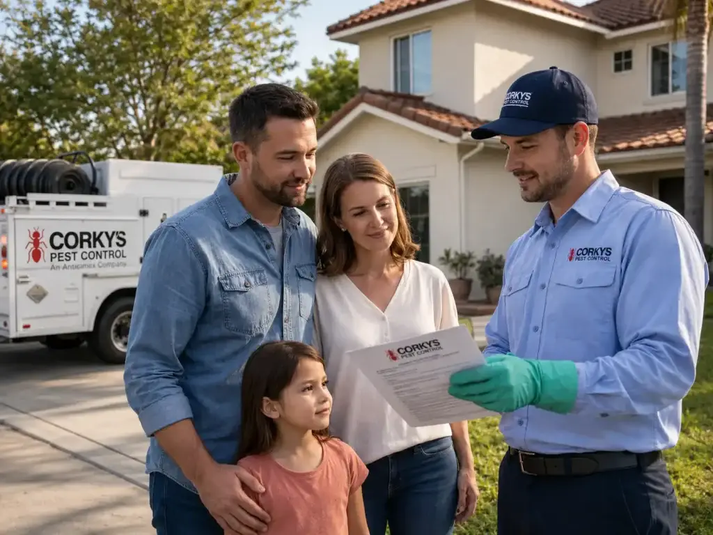 Corky's Pest Control technician showing a document to a family of three outside their home