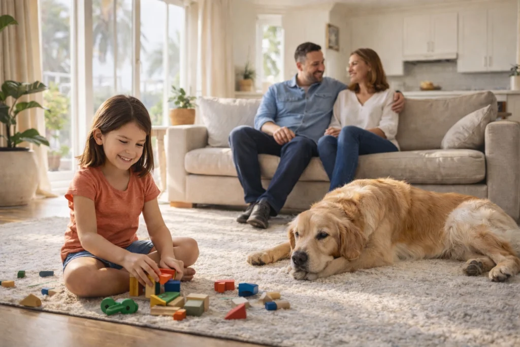 Family relaxing in living room while young girl plays with blocks near a golden retriever dog