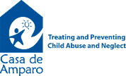 Casa de Amparo logo featuring a blue house with a child's face and text about treating and preventing child abuse and neglect