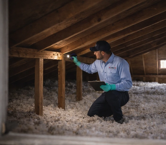 Inspector examining insulation in attic crawlspace during home inspection