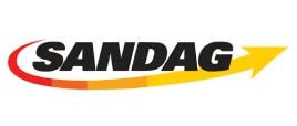 SANDAG logo featuring red curved swoosh with black text and yellow lightning bolt accent
