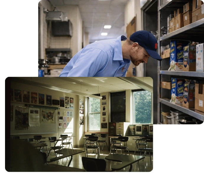 Pest control technician inspecting storage shelves in a school facility with inset image of classroom storage area