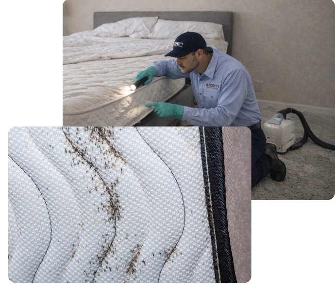 Professional pest control inspector examining a mattress for bed bugs using a magnifying tool