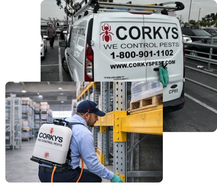 Corky's pest control technician in blue uniform carrying yellow equipment near white service van