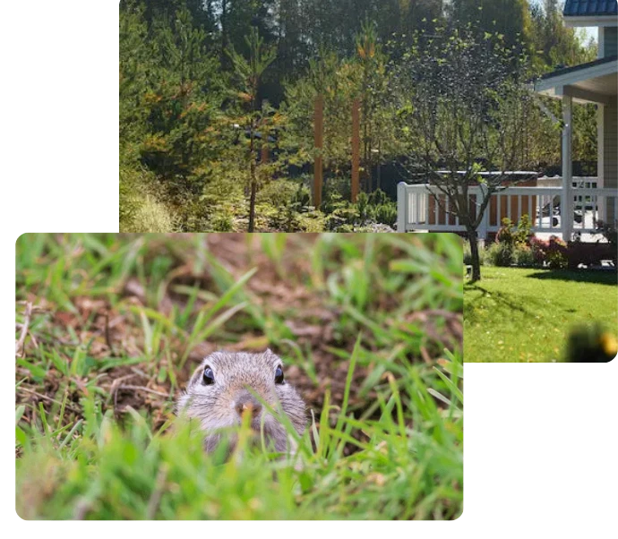 A gopher emerges from grass in a residential yard with trees and a house deck visible in the background