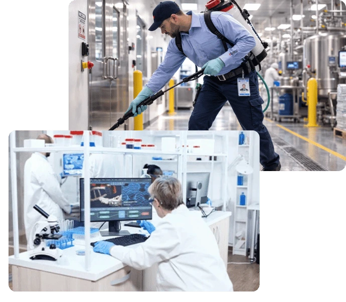 Worker in blue shirt performs pest control service in pharmaceutical facility with equipment visible in background