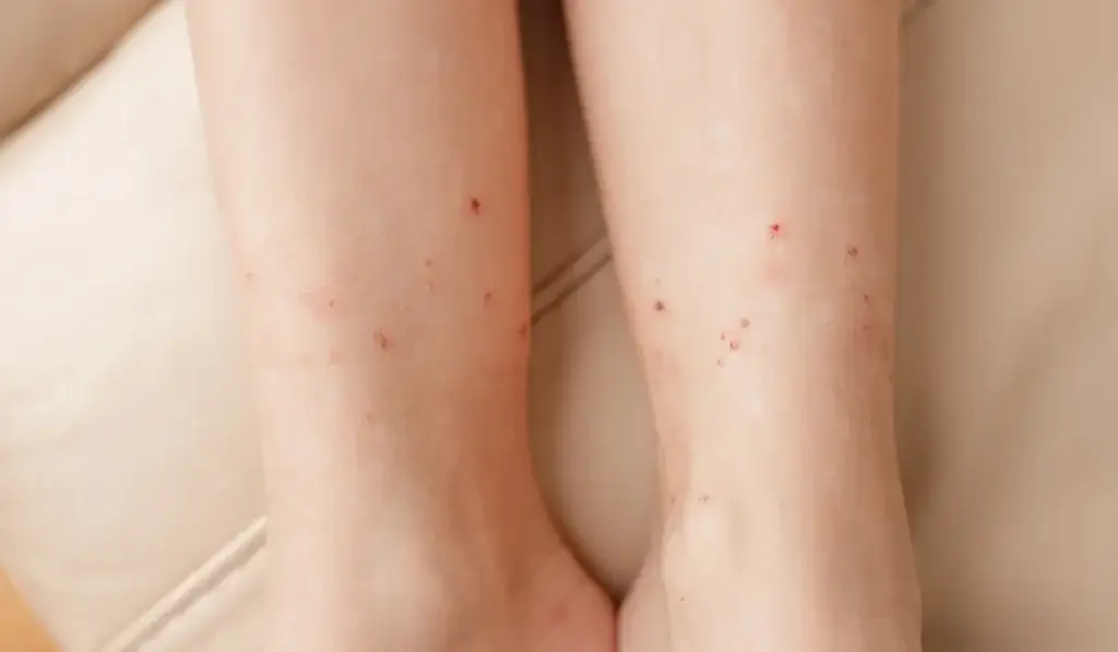 Child's legs showing multiple small red flea bites scattered across the skin