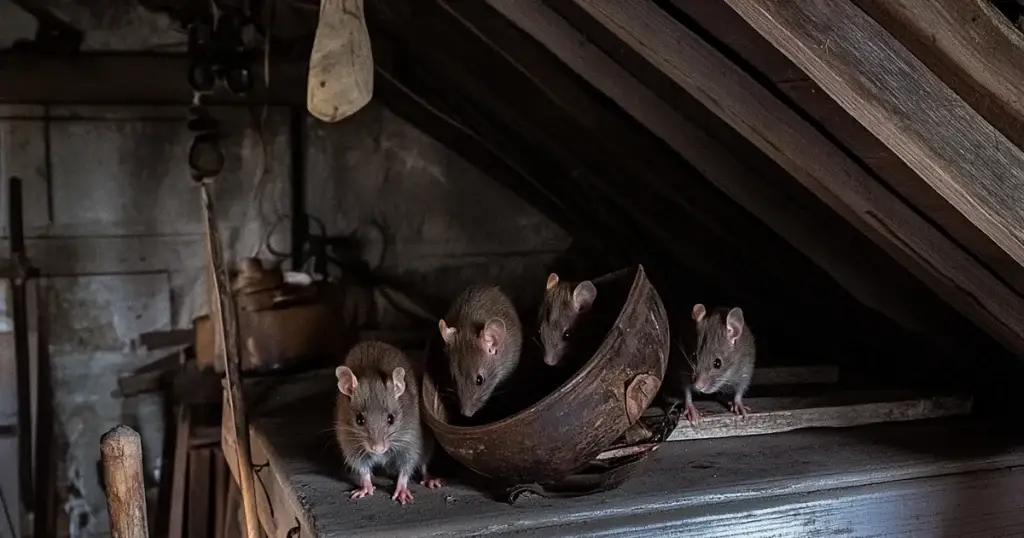 Group of five rats gathered on wooden beams in a dark attic space