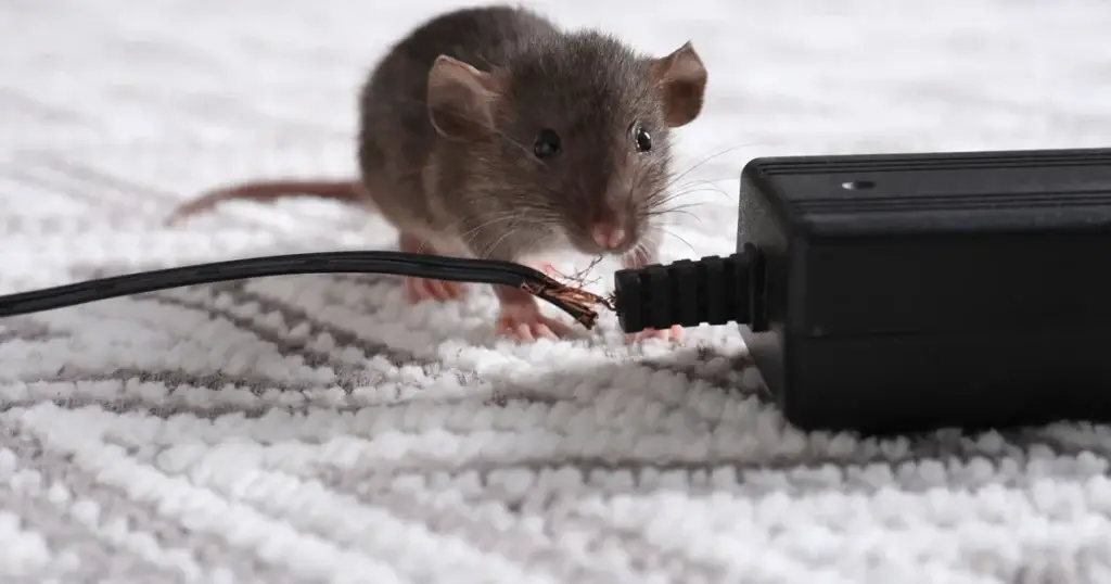 A gray and white rat gnaws on a black electrical cord on a white textured surface.