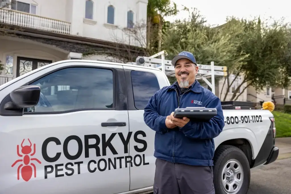 Pest control technician in blue Corkys uniform holding tablet in front of white service van