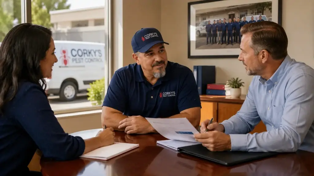 Three professionals review documents together at a conference table in a pest control company office