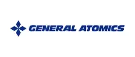 General Atomics company logo featuring a blue four-pointed star symbol with italicized text