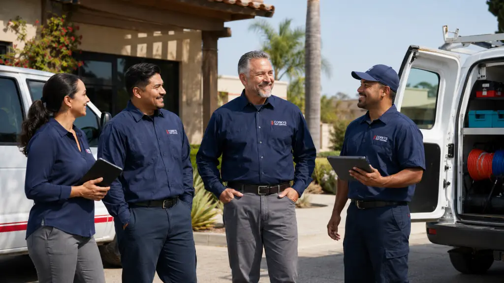 Four uniformed pest control technicians discuss work near service vans at a residential property