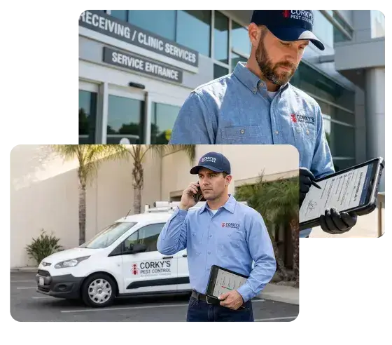 Pest control technician in blue uniform holding tablet and clipboard near service vehicle