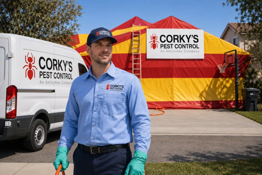 Corky's Pest Control technician standing in front of company van and fumigation tent at residential property